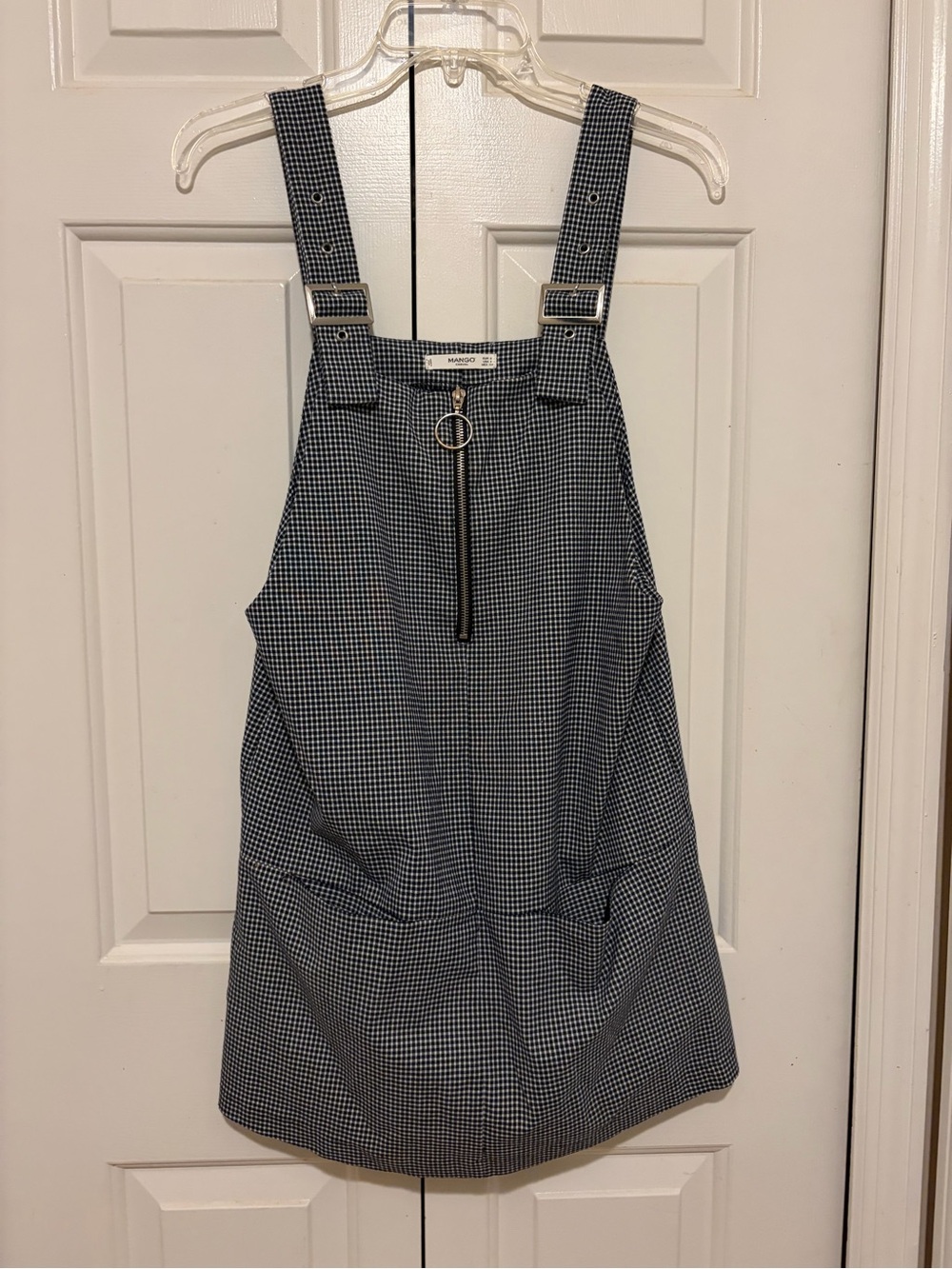 Mango Navy & White Gingham Pinafore Dress with O-Ring Zip